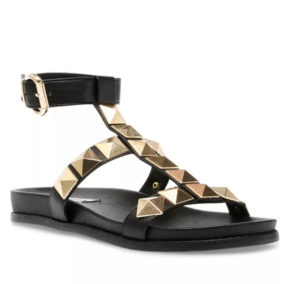 Steve Madden Black and Gold Pyramid Stud Sandals
